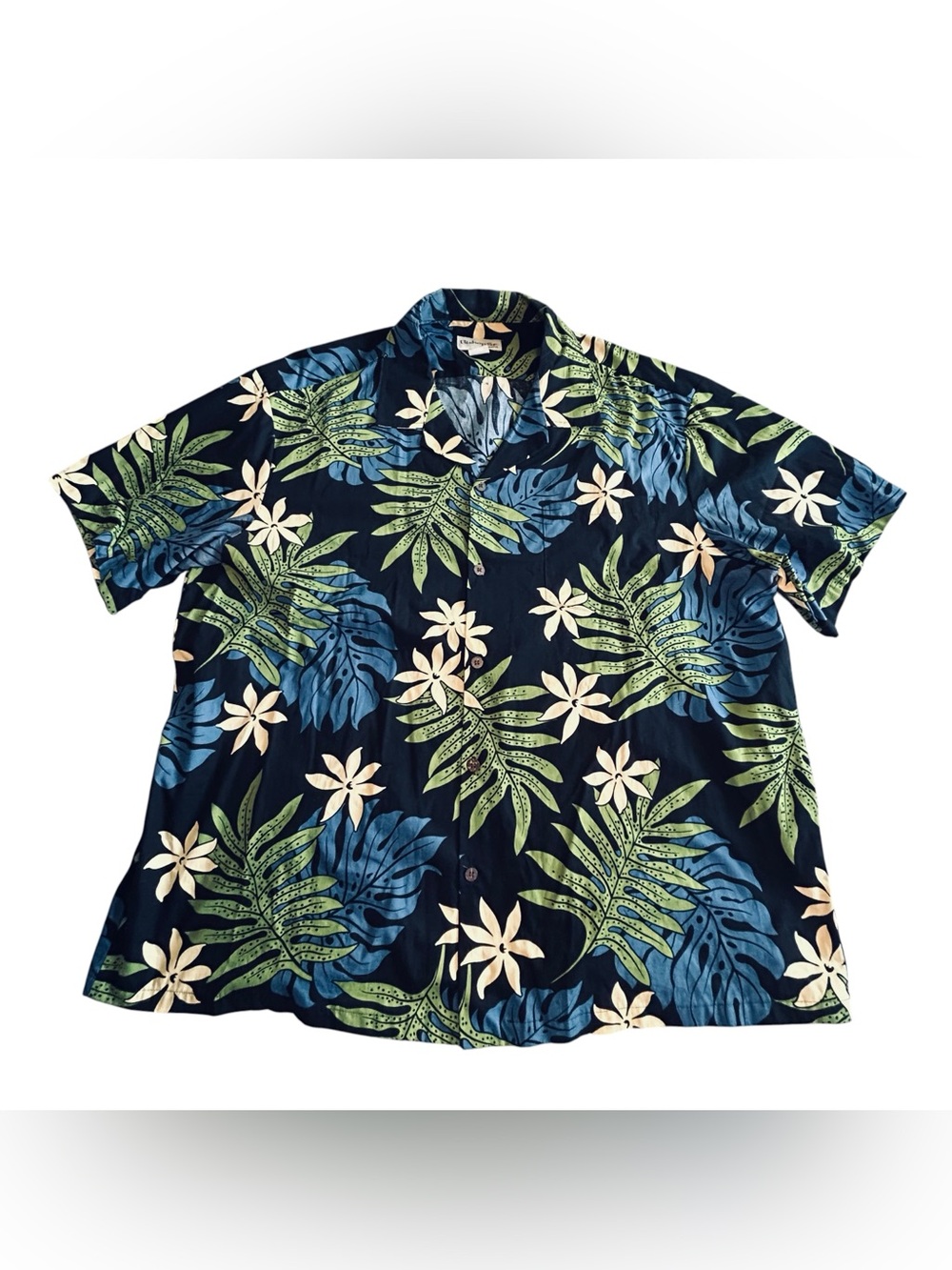 Tropical Short-Sleeve Button-Down Shirt in Navy with Blue & Green Leaf Print